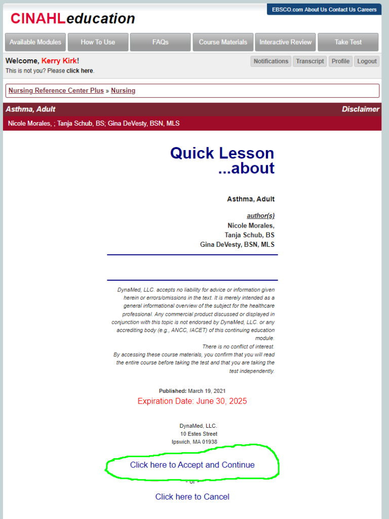 Image of the opening page of a CE Module with 'Click here to Accept and Continue' link highlighted